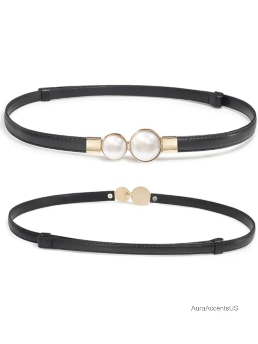 Thin PU Leather Skinny Belt with Pearl Buckle for Dresses